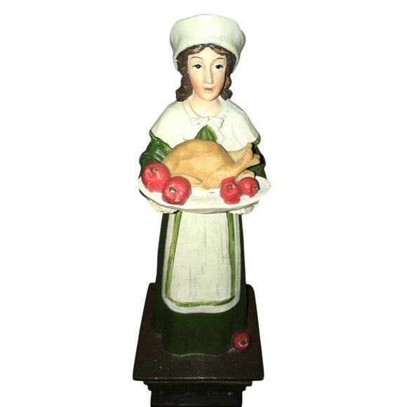 PILGRIM Woman Carrying Turkey Platter 12" Tall 'WELCOME'  Thanksgiving Statue - Picture 2 of 8
